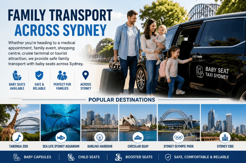 Family transport across Sydney with baby seats